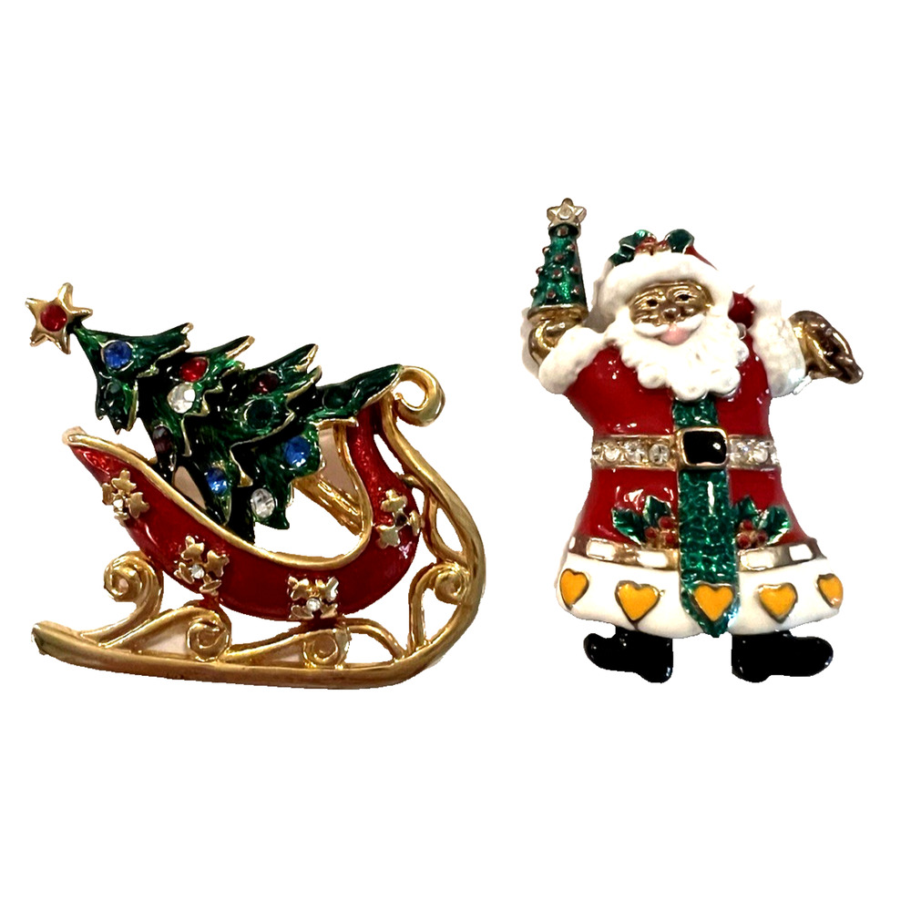 Vintage LOt of 2 Colorful Christmas Brooches Pins Santa Sleigh w/ Tree